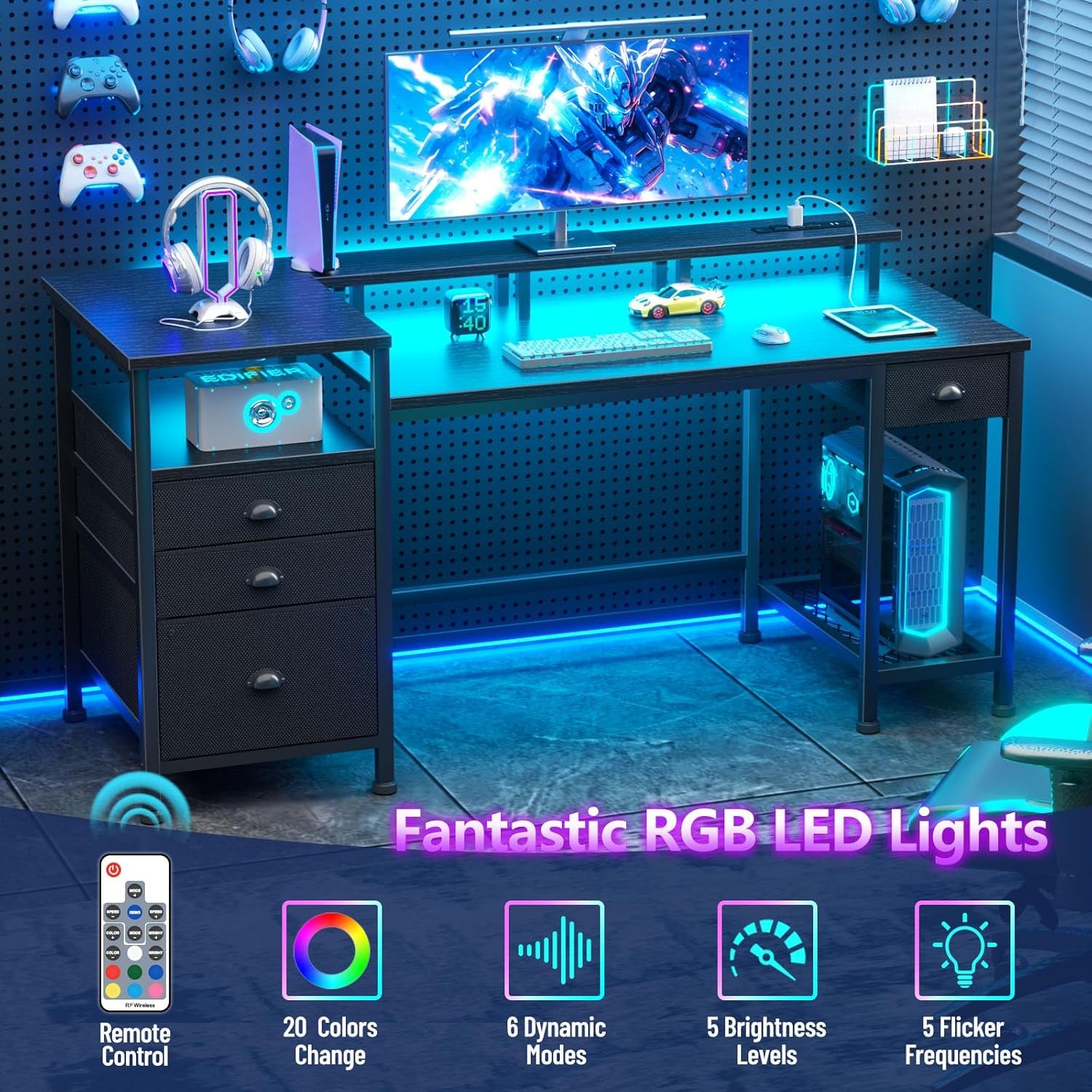 60" Black Computer Desk with 4 Drawers and Printer Space, Gaming Desk with LED Lights and USB Power Outlets, Home Office Desk with Fabric File Cabinet,Study Work Table with Shelf for Bedroom