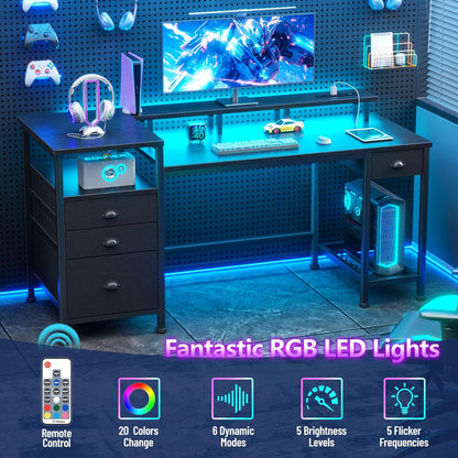 60" Black Computer Desk with 4 Drawers and Printer Space, Gaming Desk with LED Lights and USB Power Outlets, Home Office Desk with Fabric File Cabinet,Study Work Table with Shelf for Bedroom