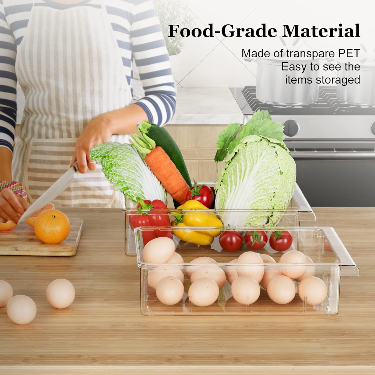 2 Pack Refrigerator Drawer Organizer, Pull Out Shelf Storage Transparent Organizer for Egg, Fruit, Vegetable, Seafood, Meat, Fit All Fridge Shelves under 0.6''