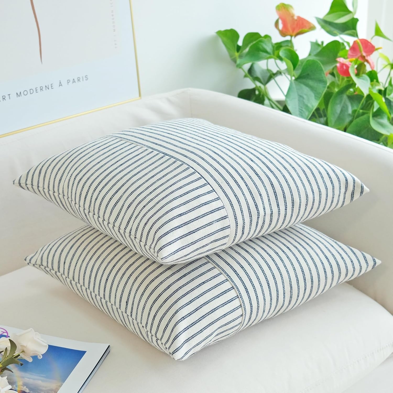 Navy Blue and Beige Patchwork Farmhouse Pillow Covers 20X20 Inch, Pack of 2 Striped Linen Decorative Modern Accent Pillow Cases for Sofa Couch Bedroom 20 X 20