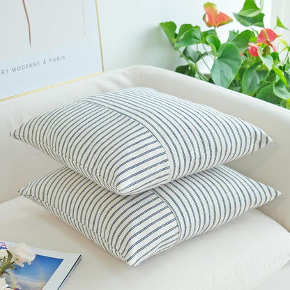 Navy Blue and Beige Patchwork Farmhouse Pillow Covers 20X20 Inch, Pack of 2 Striped Linen Decorative Modern Accent Pillow Cases for Sofa Couch Bedroom 20 X 20