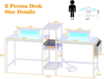 2 Person Gaming Desk with LED Lights, 71 Inch Computer Desk with Power Outlets and Monitor Stand, Double Desk with Storage Bag and Headphone Hooks, Study Writing Table for Home Office, White