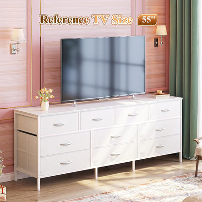 63-Inch White Dresser with 10 Fabric Drawers, Versatile TV Stand for 55 to 70 Inch TVs, Ideal Toy Storage Organizer for Bedroom or Closet