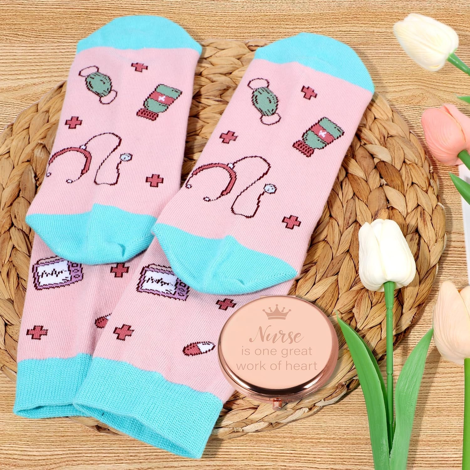 Nurse Gifts for Women, Nurse Appreciation Gifts, Nurses Week Gift, Graduation, Birthday, Christmas, New Year- Nurses 16 Oz Can Glass Canvas Beach Bag Socks Mirror Bracelet