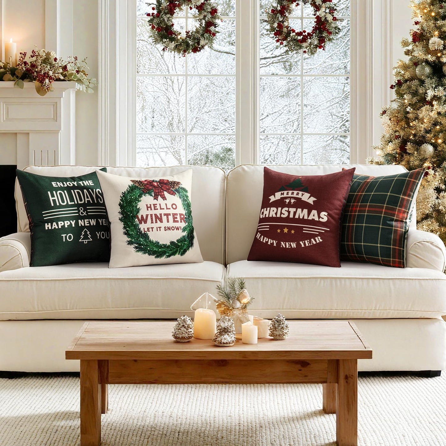 Christmas Tree Reindeer Wreath Pillow Covers Red and Green Plaid Throw Pillow Covers Set of 4 Winter Holiday Cushion Case Decoration Farmhouse Modern for Sofa Couch Home Decor,18X18 Inch