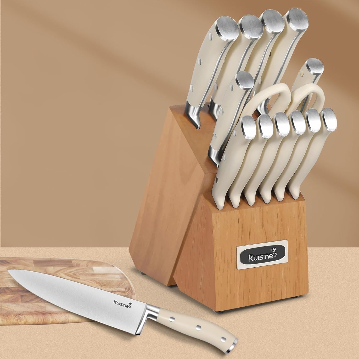 Kitchen Chef Knife Block Set,High Carbon Stainless Steel Razor-Sharp Blade Ergonomic Handle,Sharp Knife Set with Built-In Sharpener,Elegant Gift(Irovy-Acacia,15Pcs)
