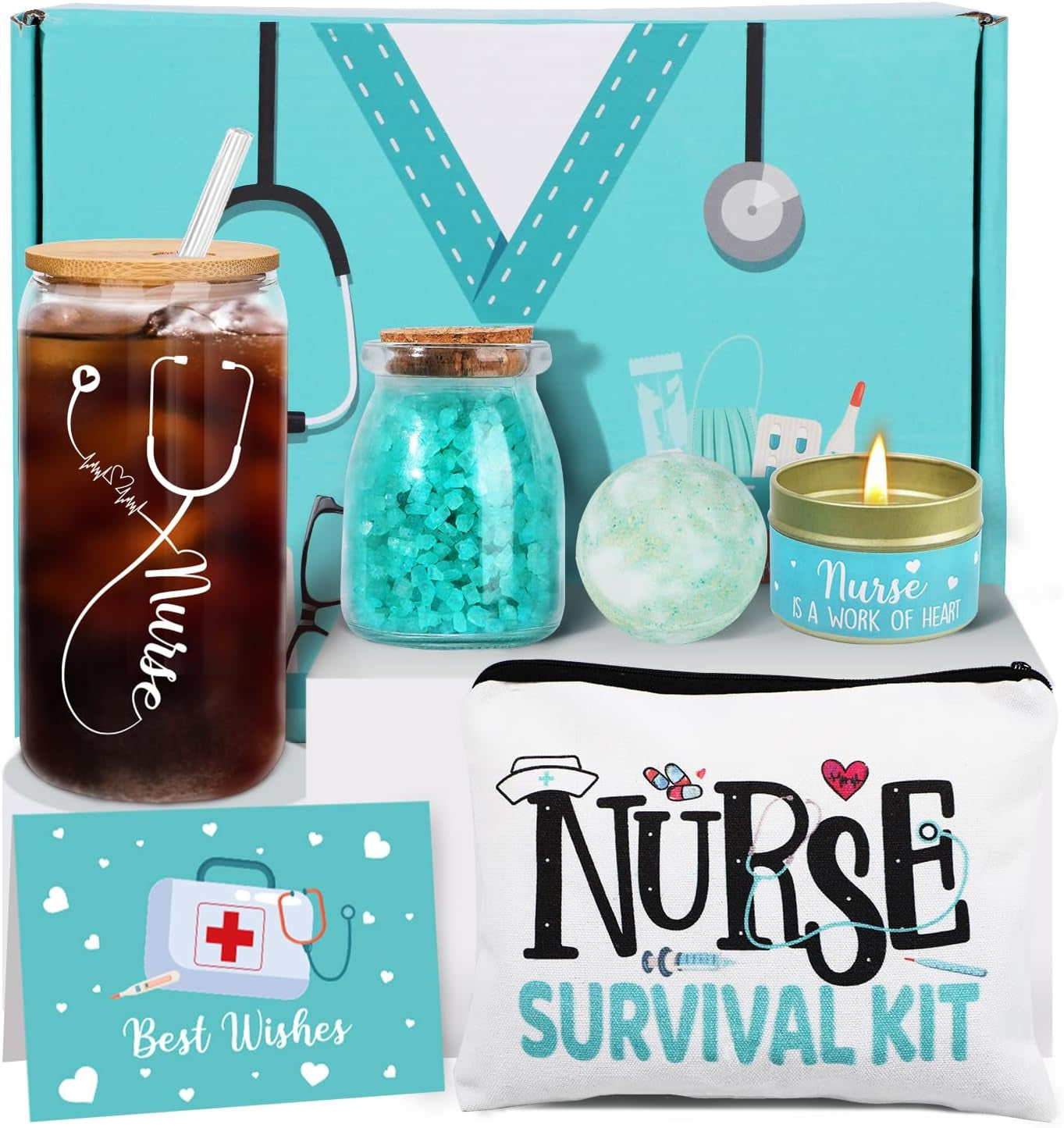 Nurse Gifts for Women, Nurses Week Gifts, Nurse Appreciation Gift for New, Graduation, Birthday - 16 Oz Glass Cup Gift Set