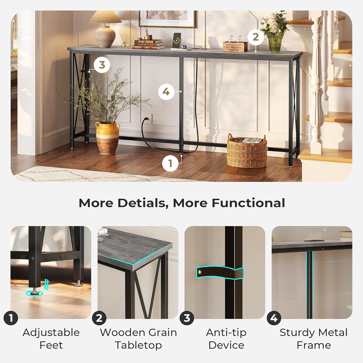 70-Inch Console Table with Integrated Outlets and USB-C Port, Extra Long X-Shaped Design for Entryway and Living Room, Metal Frame with Wooden Top, Grey Finish