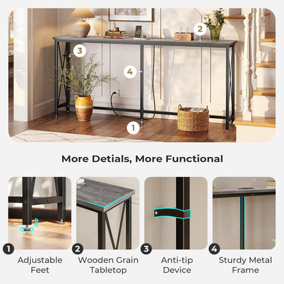 70-Inch Console Table with Integrated Outlets and USB-C Port, Extra Long X-Shaped Design for Entryway and Living Room, Metal Frame with Wooden Top, Grey Finish