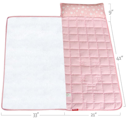 Toddler Nap Mat 2 Pack, Nap Mat for Kids Preschool, Daycare and Fleece Minky Blanket, Lightweight, Soft, Gray and Pink