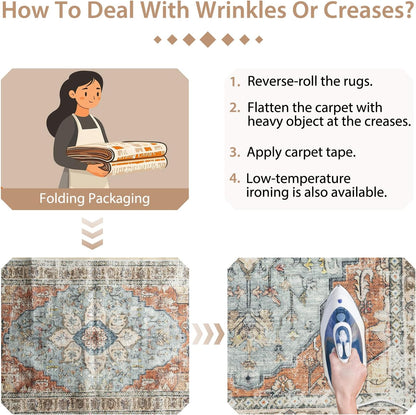 8X10 Area Rug Washable Rugs for Living Room, No Pile Boho Carpet for Entryway Bedroom Dinning Room, Vintage Carpet Print Distressed Non-Slip, 8 X 10 Ft, Green Brick Rust Red