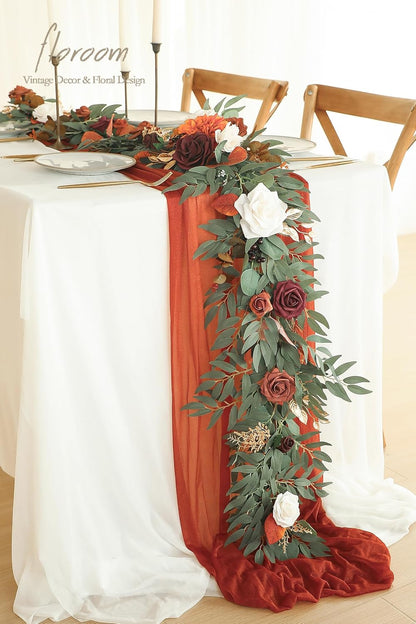 6-Foot Artificial Eucalyptus Garland with Burnt Orange Floral Accents for Table Decor, Wedding Centerpieces, and Bridal Shower Party Decorations in Terracotta