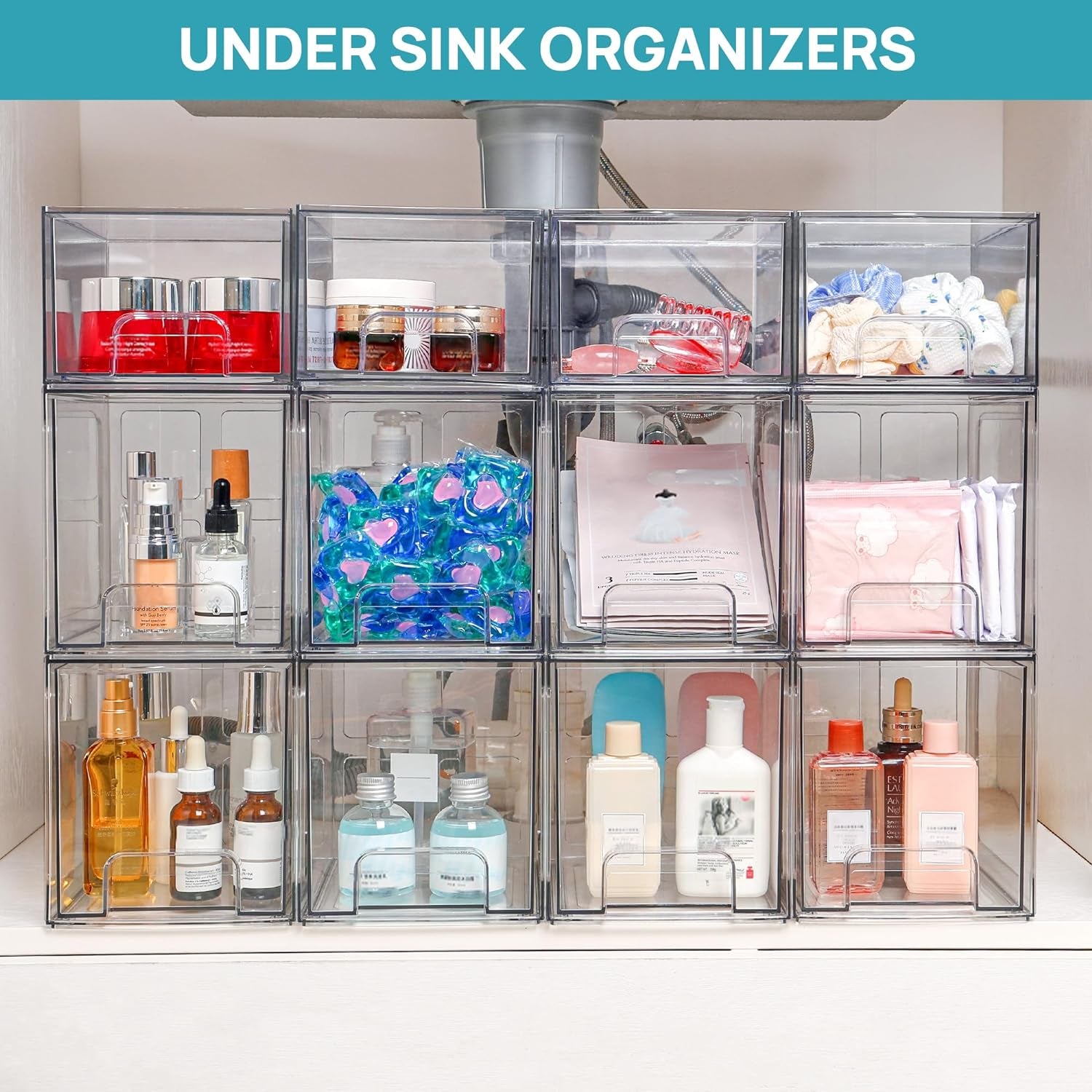 2 Pack Stackable Storage Drawers, 6.6''Tall Acrylic Bathroom Makeup Organizers,Clear Plastic Storage Bins for Vanity, Undersink, Kitchen Cabinet,Pantry Organization and Storage