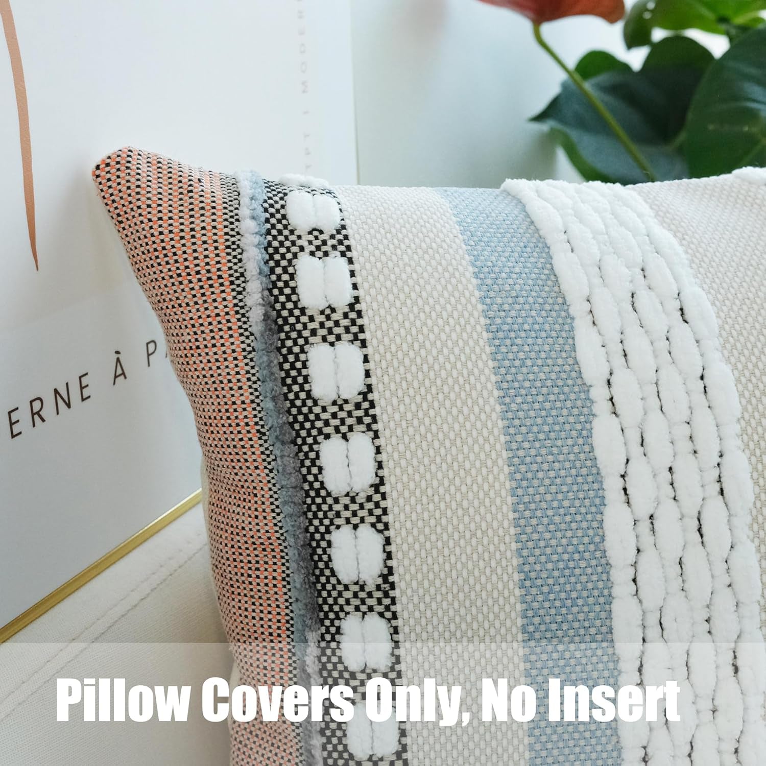 Pack of 2 Boho Throw Pillow Covers Accent Striped Pillowcovers Farmhouse Decorative Cushion Case Home Decor 18 X 18 Inch Orange Blue