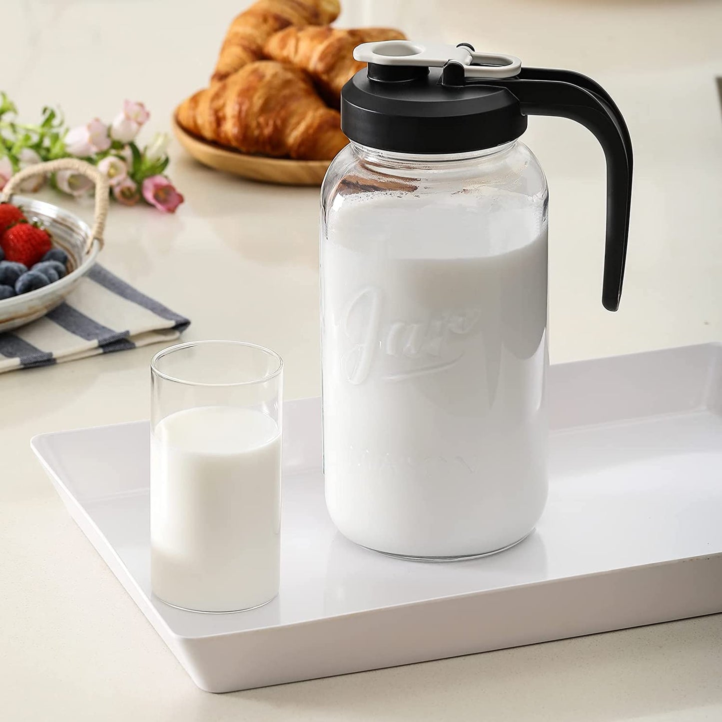 64 Oz Glass Pitcher with Lid - 2 Quart Mason Jar Pitcher with Filter Lid, Wide Mouth Jar Leak-Proof Water Jug, Heavy Duty Glass Container for Water, Juice, Milk, Tea, Iced Coffee, and Drinks