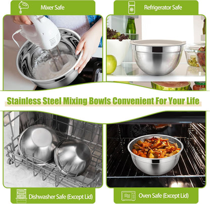 Khaki Mixing Bowls with Lids, Set of 3, Stainless Steel Salad Nesting Bowl for Mixing, Storing, Prepping, Airtight & Stackable, Size 4.6/3 /1.5 QT