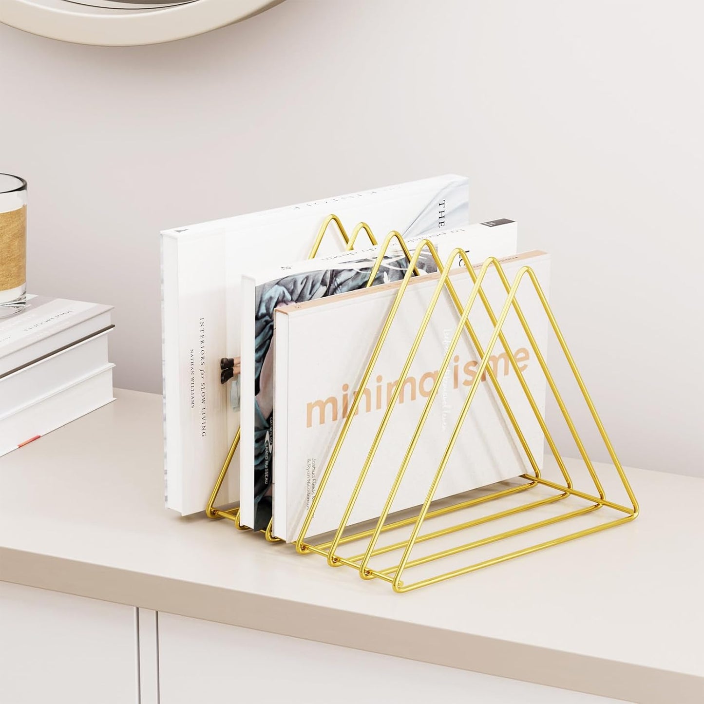 Triangle Desk Organizers Metal Wire Magazine Holder 7 Sections Decorative File Folder Organizer Vinyl Record Storage Office for Desk - Gold Magazine File Holder - Pack of 2