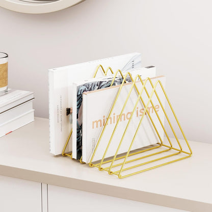 Triangle Desk Organizers Metal Wire Magazine Holder 7 Sections Decorative File Folder Organizer Vinyl Record Storage Office for Desk - Gold Magazine File Holder - Pack of 2
