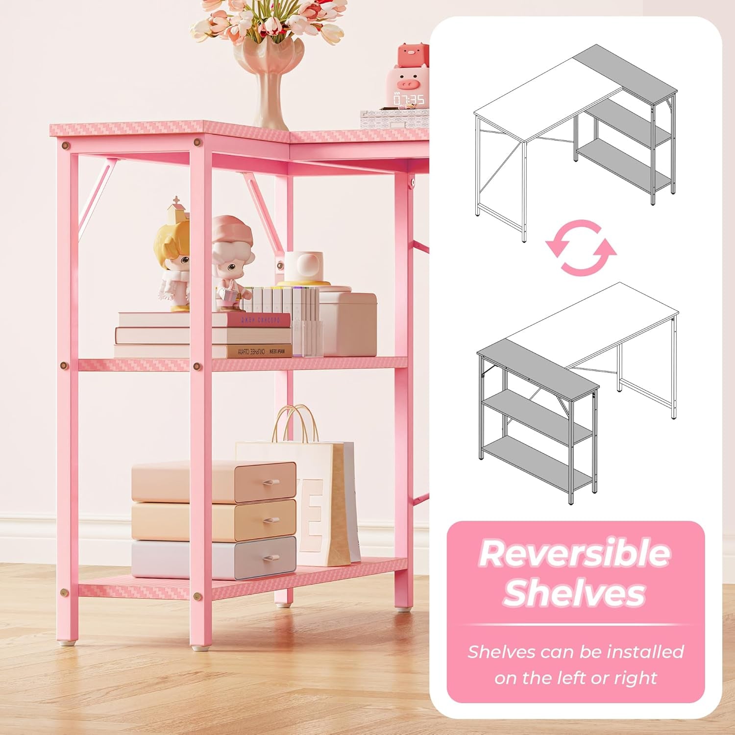 L-Shaped 47-Inch Computer Desk with Reversible Storage Shelves, Corner Gaming and Writing Desk for Home Office, Metal Frame, Pink