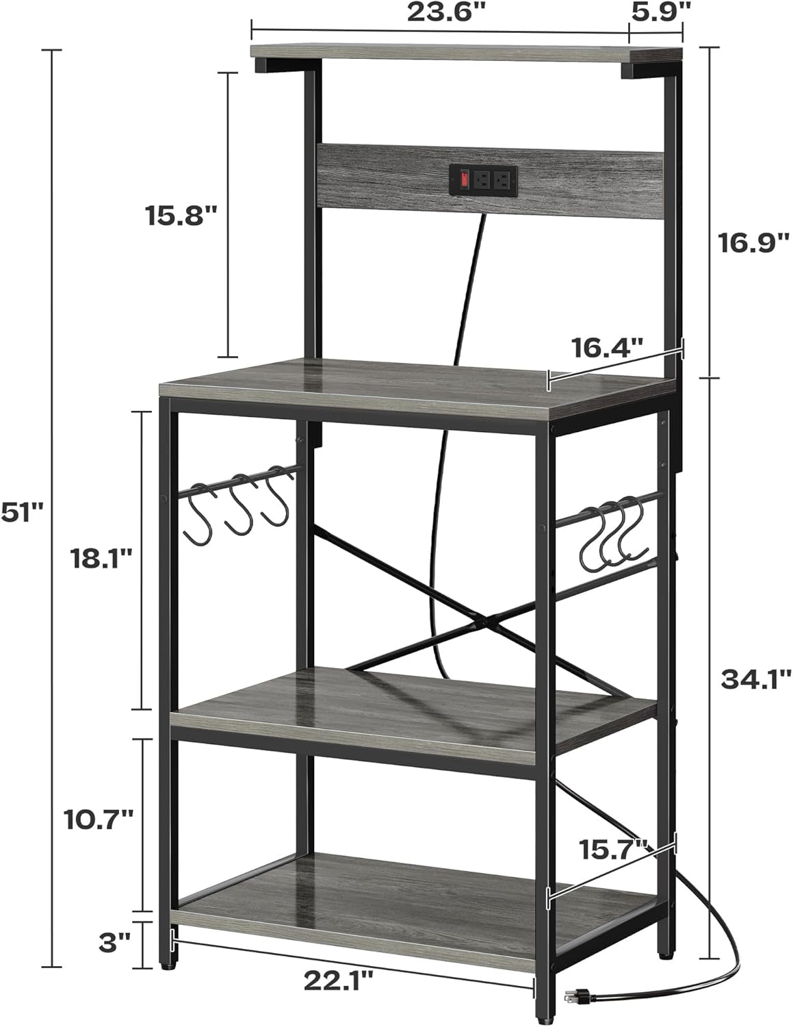 Professional Kitchen Bakers Rack with Power Outlet, 4-Tier Coffee Bar Table, Microwave Stand with 6 S-Shaped Hooks, Storage Shelf for Spices, Pots, and Pans - Charcoal Gray
