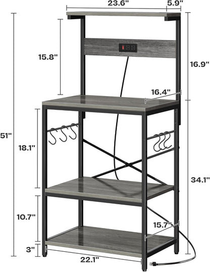 Professional Kitchen Bakers Rack with Power Outlet, 4-Tier Coffee Bar Table, Microwave Stand with 6 S-Shaped Hooks, Storage Shelf for Spices, Pots, and Pans - Charcoal Gray
