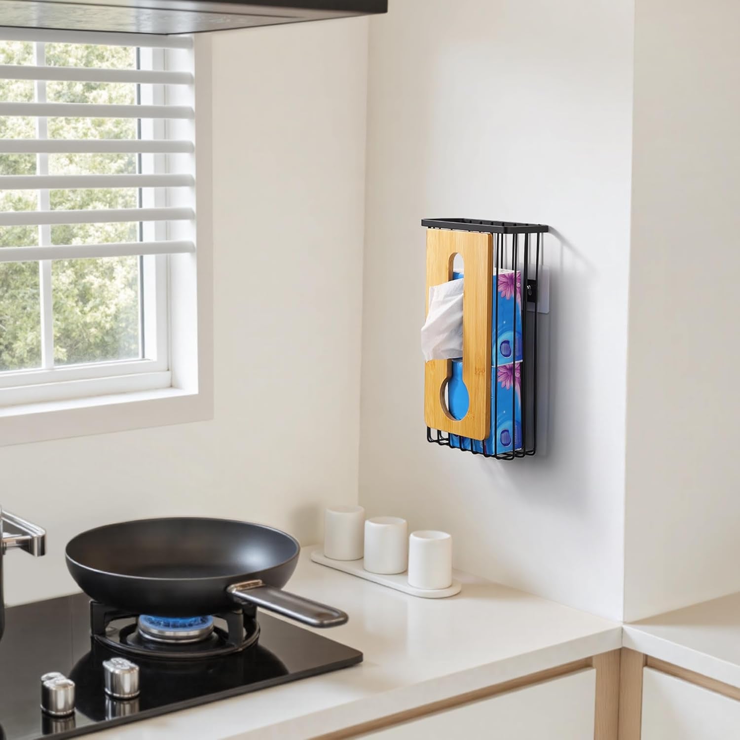 Plastic Grocery Bag Holder - Extra Large Trash Bag Dispenser Wall Mount with Mounting Accessories - Matte Black Reusable Bags Storage Organizer for Kitchen, under Sink, Pantry, Garage