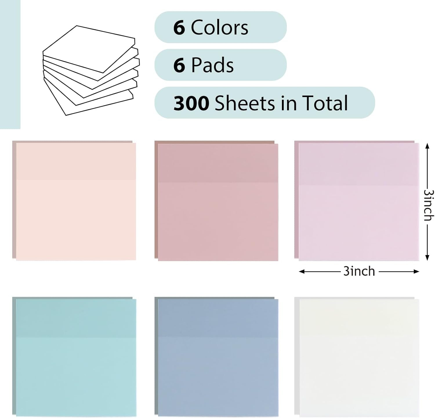 Transparent Sticky Notes - Pastel Color Clear Sticky Notes, 3X3 Inch, Waterproof, 300 Sheets for College, School & Office