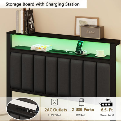 Twin Bed Frame with Integrated Charging Station and LED Lighting, Grey Upholstered Headboard with Shelving, Metal Platform Design featuring Under-Bed Storage Drawers on Wheels, No Box Spring Required