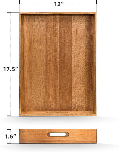 Acacia Wood Serving Tray with Handles (17 Inches) – Decorative Serving Trays Platter for Breakfast in Bed, Lunch, Dinner, Appetizers, Patio, Ottoman, Coffee Table, BBQ, Party –Great for Lap &Couch