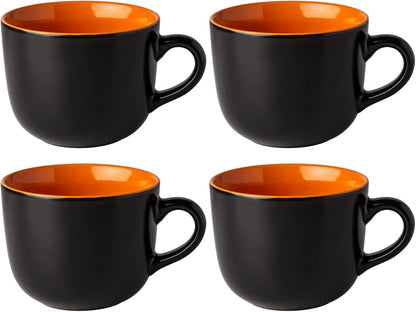 Set of 4 Jumbo Ceramic Soup Mugs with Handles, 24 Oz - Versatile Microwave and Dishwasher Safe Bowls for Coffee, Cereal, Snacks, Salad, and Noodles - Orange Interior