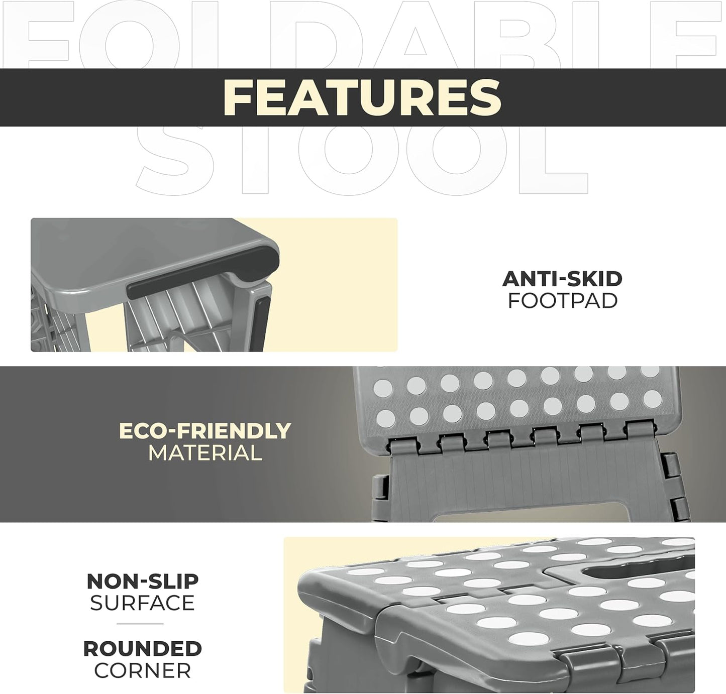 Folding Step Stool with 9 Inch Height (Pack of 1) - Holds up to 300 Lbs - Lightweight Plastic Foldable Step Stool for Kitchen, Bathroom & Living Room (Light Grey)