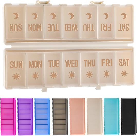 Foldable Pill Organizer 2 Times a Day W/Etched Labels -Dual Protection & Portable Weekly AM PM Pill Box, 7 Day Medicine Container, Large Travel Pill Case for Week Daily Supplement Vitamin - Khaki
