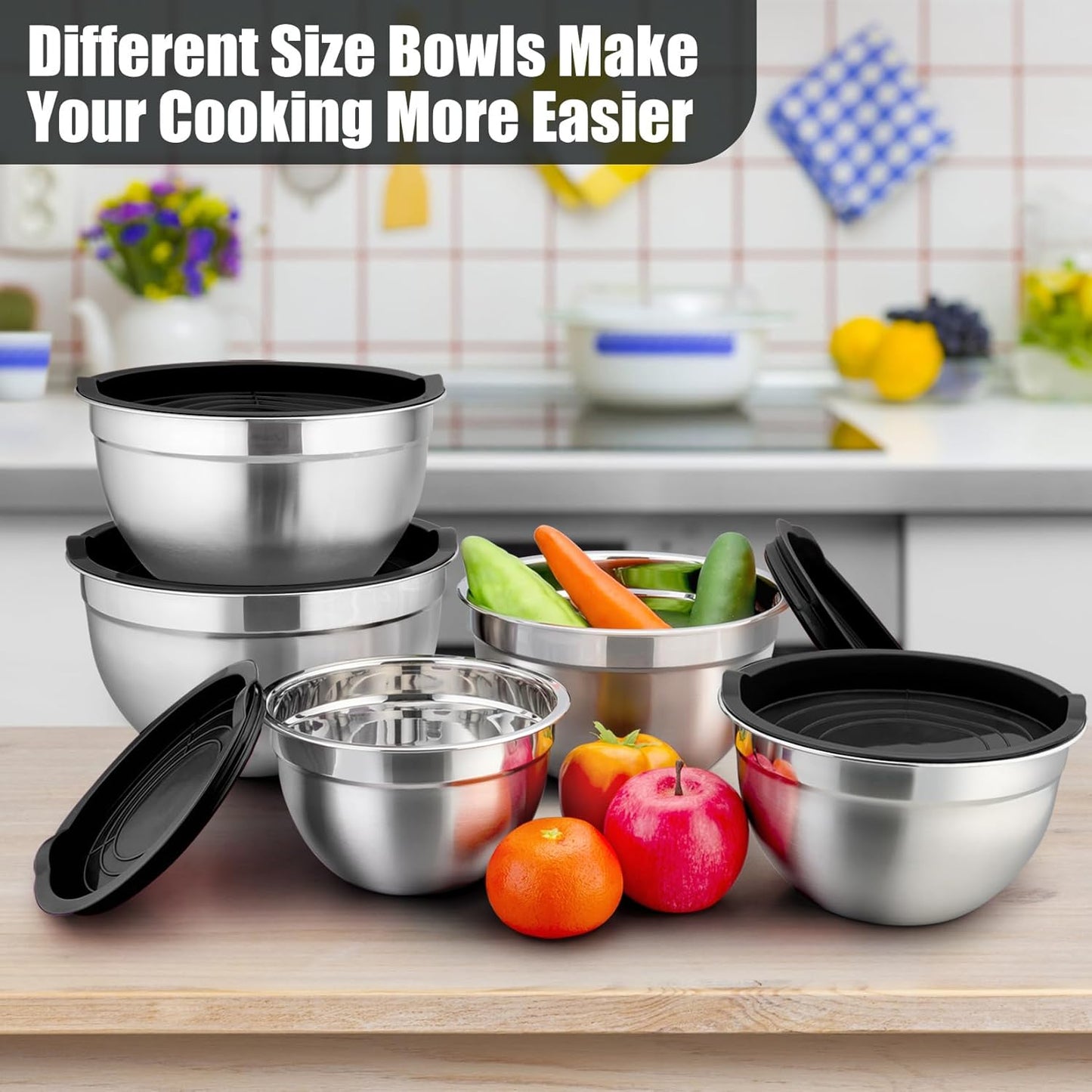 Mixing Bowl with Airtight Lid Set of 5, 10-Piece Stainless Steel Nesting Salad Bowl Set for Prepping, Mixing and Serving, Size 4.6, 3, 1.5, 1, 0.7 QT, Rimmed Edges & Flat Base, Black