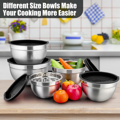 Mixing Bowl with Airtight Lid Set of 5, 10-Piece Stainless Steel Nesting Salad Bowl Set for Prepping, Mixing and Serving, Size 4.6, 3, 1.5, 1, 0.7 QT, Rimmed Edges & Flat Base, Black