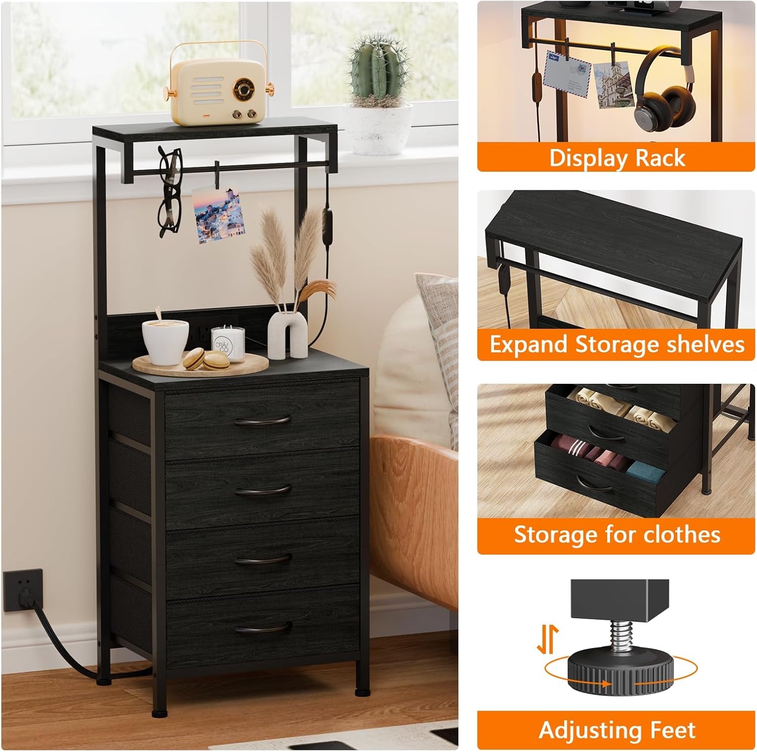 Elegant Tall Nightstand with Integrated Charging Station, LED Lighting, and Ample Storage Shelves, Versatile Bedside Table for Bedroom, Hallway, or Office, Featuring 4 Fabric Drawers in Black Oak Finish