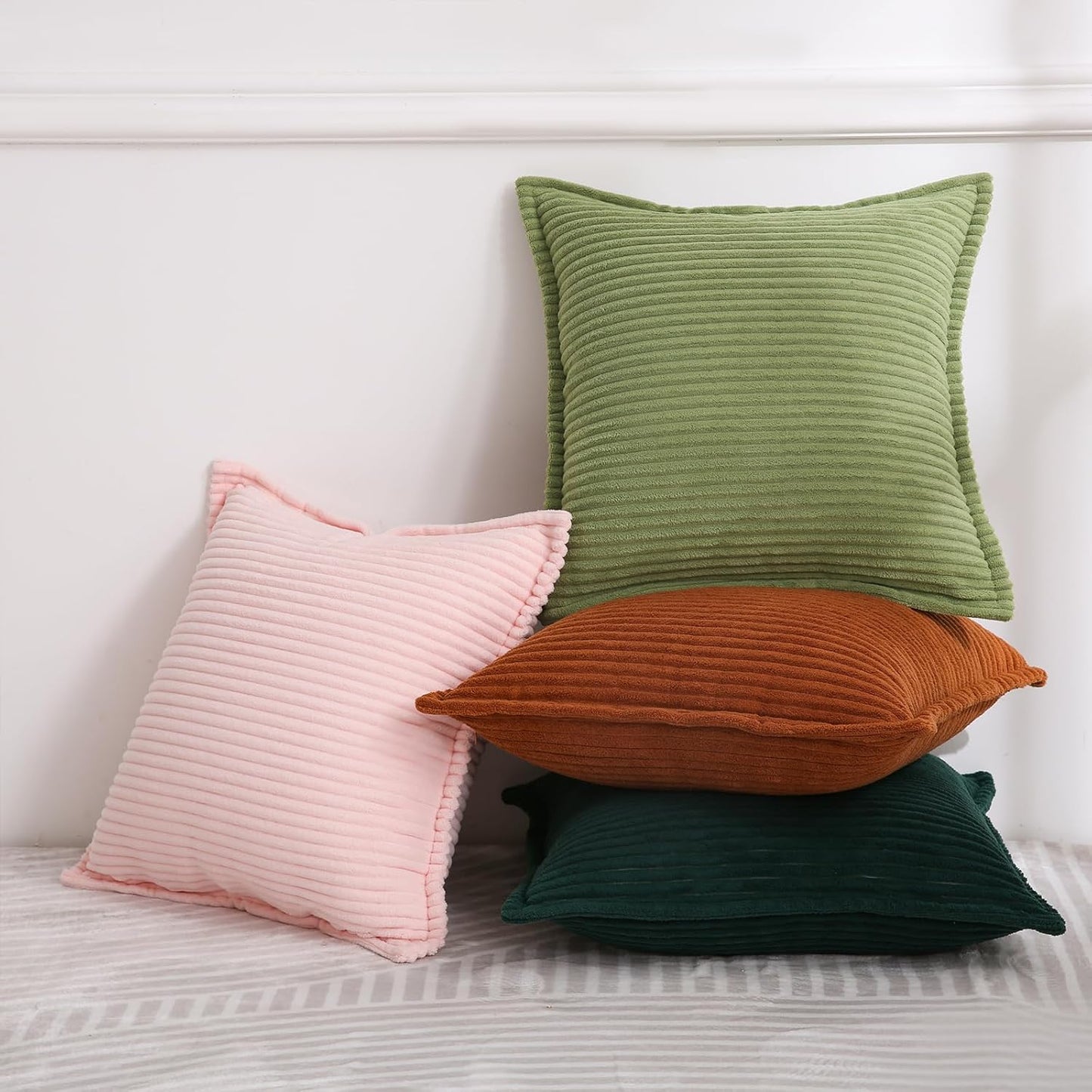 Corduroy Dark Green Throw Pillow Covers Set of 2 Striped Boho Decorative with Edge Design,Super Soft Throw Pillow Cushion Covers for Couch Sofa Living Room Solid Square 18×18Inch/45Cm×45Cm