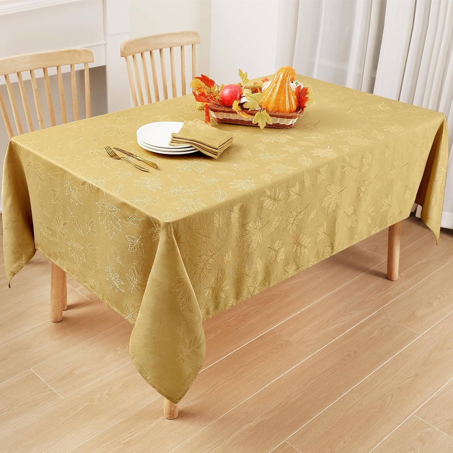Rectangle Thanksgiving Tablecloth, 60X84 Inch Fall Waterproof Damask Table Cloth, Autumn Leaves Fabric Jacquard Table Covers for Harvest Parties, and Holiday Dinner, Gold