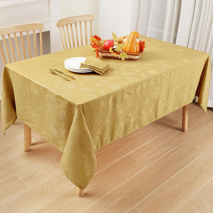 Rectangle Thanksgiving Tablecloth, 60X84 Inch Fall Waterproof Damask Table Cloth, Autumn Leaves Fabric Jacquard Table Covers for Harvest Parties, and Holiday Dinner, Gold
