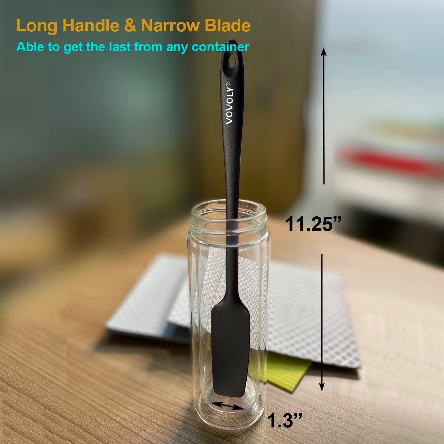 Silicone Jar Spatula, Small Head with Long Handle, Rubber Spatulas Scraper for Jar, Blender, Bottle, Etc. High Heat Resistant for Nonstick Cookware, Seamless, BPA Free, 11.2 Inch, Black.