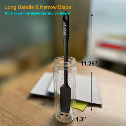 Silicone Jar Spatula, Small Head with Long Handle, Rubber Spatulas Scraper for Jar, Blender, Bottle, Etc. High Heat Resistant for Nonstick Cookware, Seamless, BPA Free, 11.2 Inch, Black.