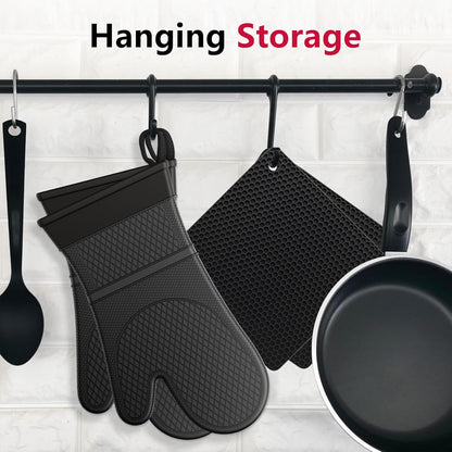 Extra Long Silicone Oven Mitts with Pot Holders with Soft Cotton Lining Non-Slip Textured Grip, Heat and Slip Resistant Oven Mitts with Pot Holders for Baking, Cooking, Black