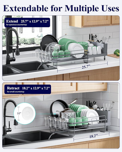 Extendable Dish Drying Rack, Large Drying Dish Rack with Cutlery & Cup Holders, Multifunctional Dish Racks for Counter with Drainage, 18.2"-25.7" L X 12.9" W, Grey