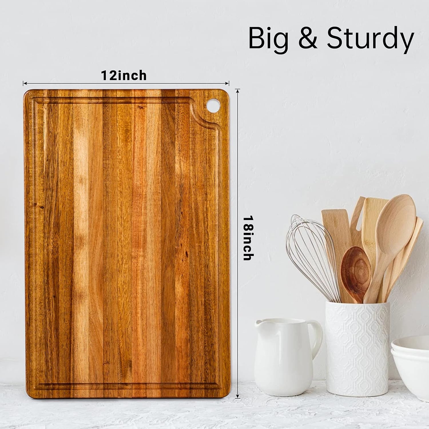 Acacia Wood Cutting Board - Premium 18 x 12 Inch Butcher Block with Juice Groove and Handle Hole for Meat, Vegetables, and Cheese