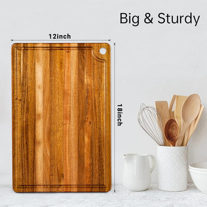 Acacia Wood Cutting Board - Premium 18 x 12 Inch Butcher Block with Juice Groove and Handle Hole for Meat, Vegetables, and Cheese