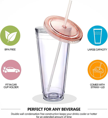 32Oz Acrylic Tumblers with Lid and Straws,Double Walled Clear Plastic Straw Cup,Reusable Insulated Cups Perfect for Parties,Birthdays,Weddings -2 Pack