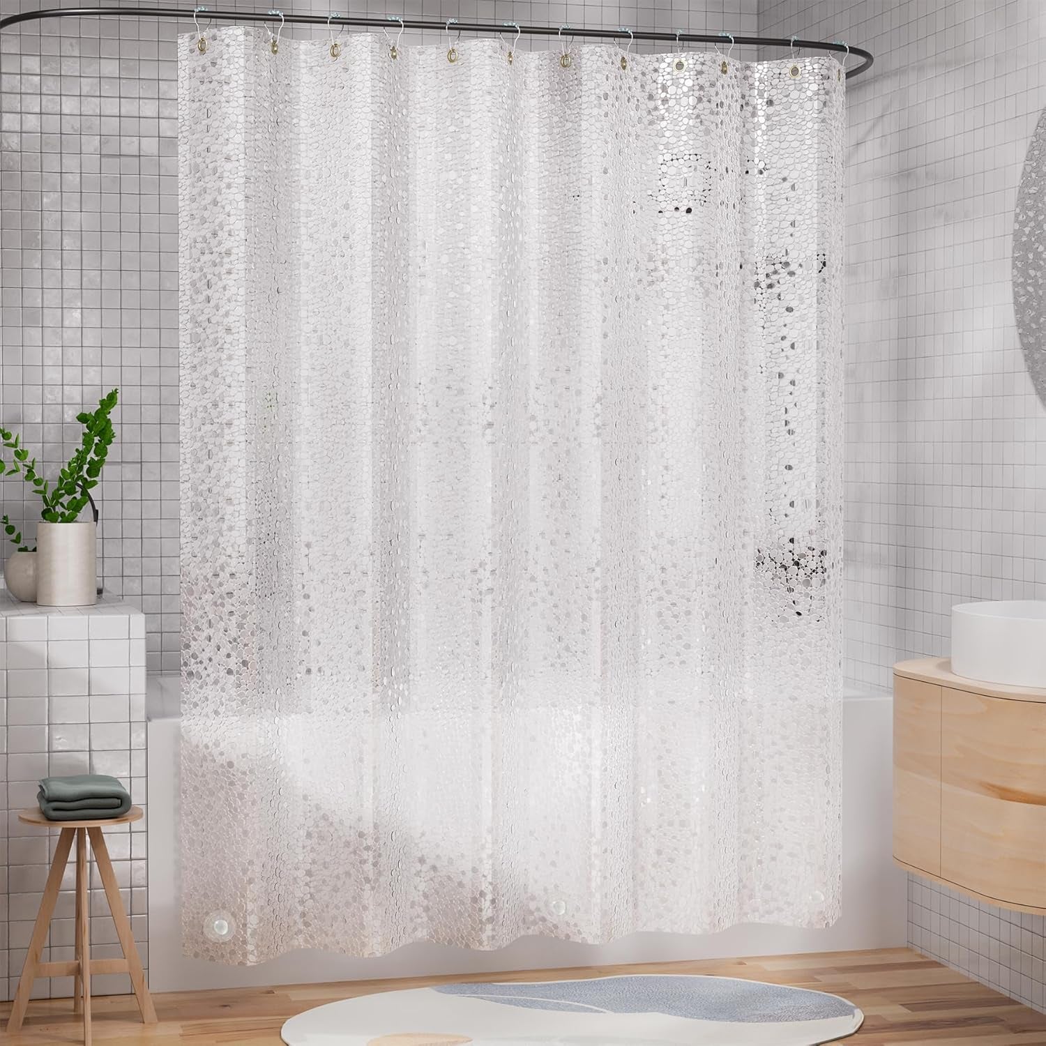 Heavy Duty Shower Curtain Liner, 100% EVA Clear Shower Curtain and Liner 2-In-1, 72X72 Luxury Plastic Weighted Bathroom Cobble Shower Liner, 12 Rustproof Grommets & 3 Heavyweight Stones
