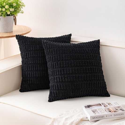 Pack of 2 Corduroy Decorative Throw Pillow Covers 18X18 Inchsoft Boho Striped Pillow Covers Modern Farmhouse Home Decor for Sofa Living Room Couch Bed（Black）