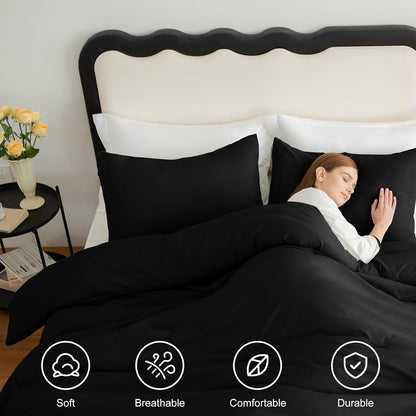 Queen Comforter Set Black, 3 Pieces Solid Queen Comforter Breathable Quilted Style Bedding Sets, Luxury Soft Microfiber down Alternative Comforter for All Season (1 Comforter & 2 Pillowcases)
