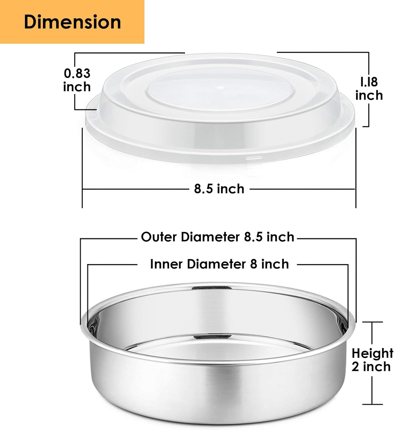 8-Inch Cake Pan with Lid Set (3 Pans + 3 Lids), Stainless Steel round Baking Pans for Picnic Wedding Birthday, Leak-Proof Pan & Raised Plastic Cover, Healthy & Non-Toxic, Dishwasher Safe