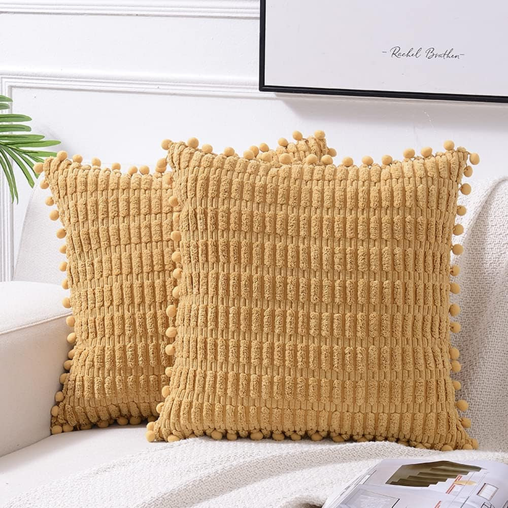 2 Packs Mustard Yellow Decorative Throw Pillow Covers 20X20 Inch with Pom-Poms for Couch Bed Living Room, Farmhouse Boho Home Decor, Soft Corduroy Cute Square Cushion Case 50X50 Cm